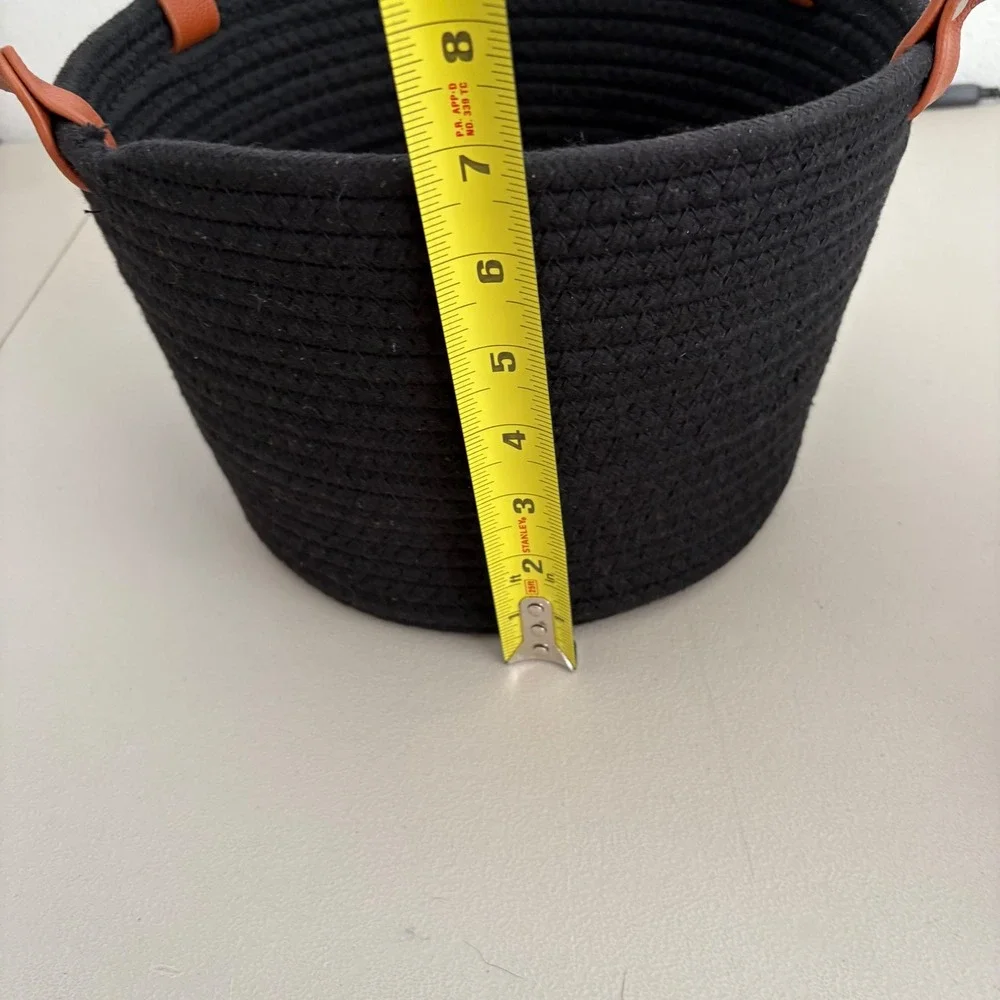 Set of 2 Black Woven Cotton Rope Baskets with Leather Handles Nested Storage
